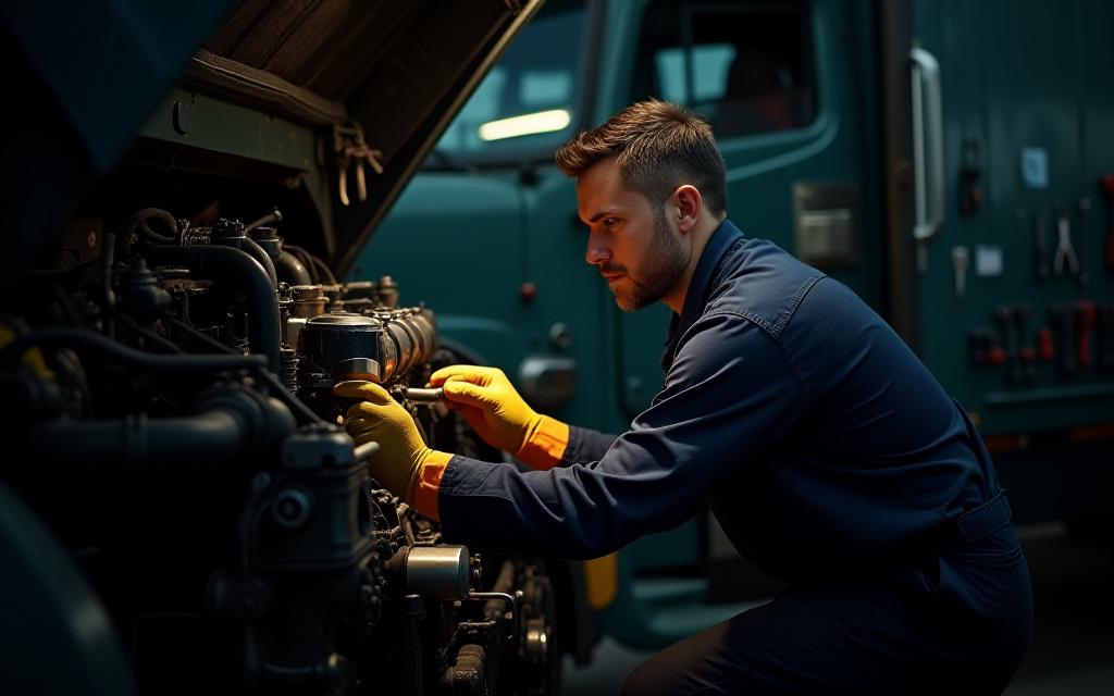 Skilled mechanic performing a thorough engine inspection on a heavy duty truck