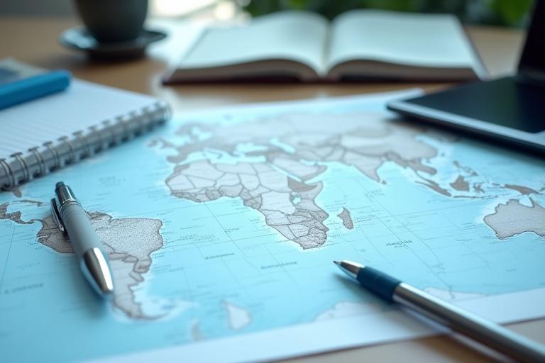 Map and documents on a desk showing logistics sourcing planning